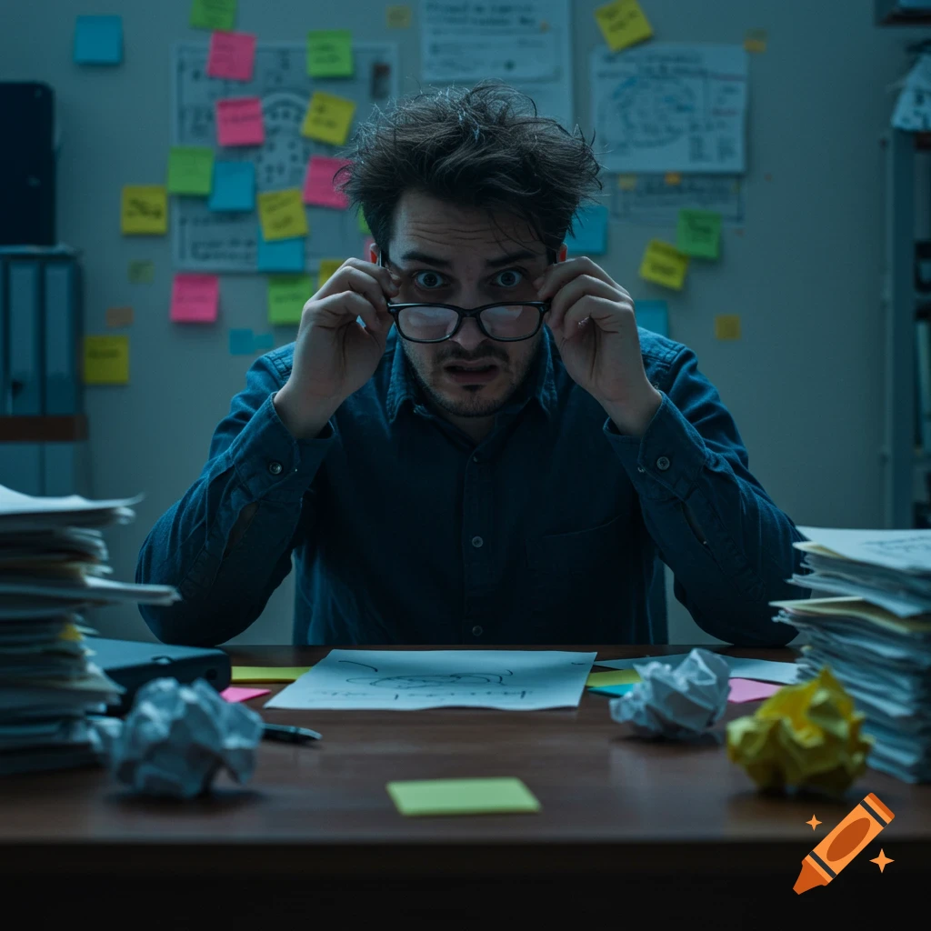 A disheveled man with wide eyes peers over glasses at a cluttered desk in a dim office, looking overwhelmed.