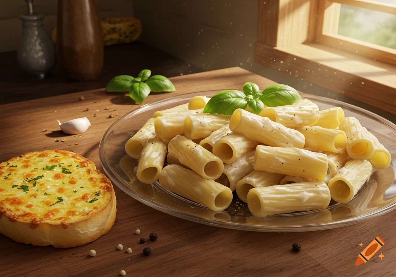 Photorealistic image of Rigatoni pasta with Alfredo sauce and cheesy Texas toast garlic bread on a wooden table near a window.