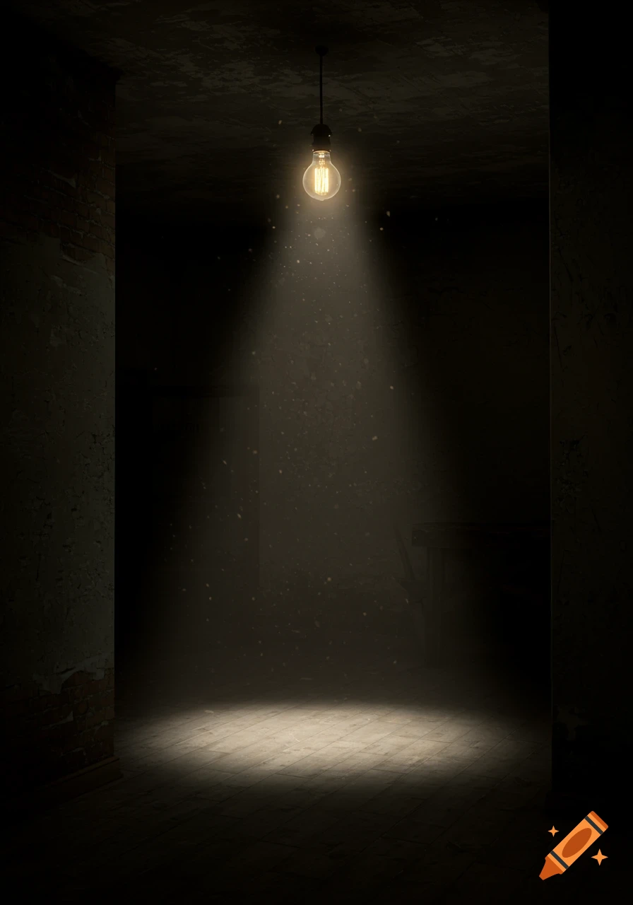 A single glowing light bulb illuminates a small circle on the floor of a dark, dusty, and dingy room.