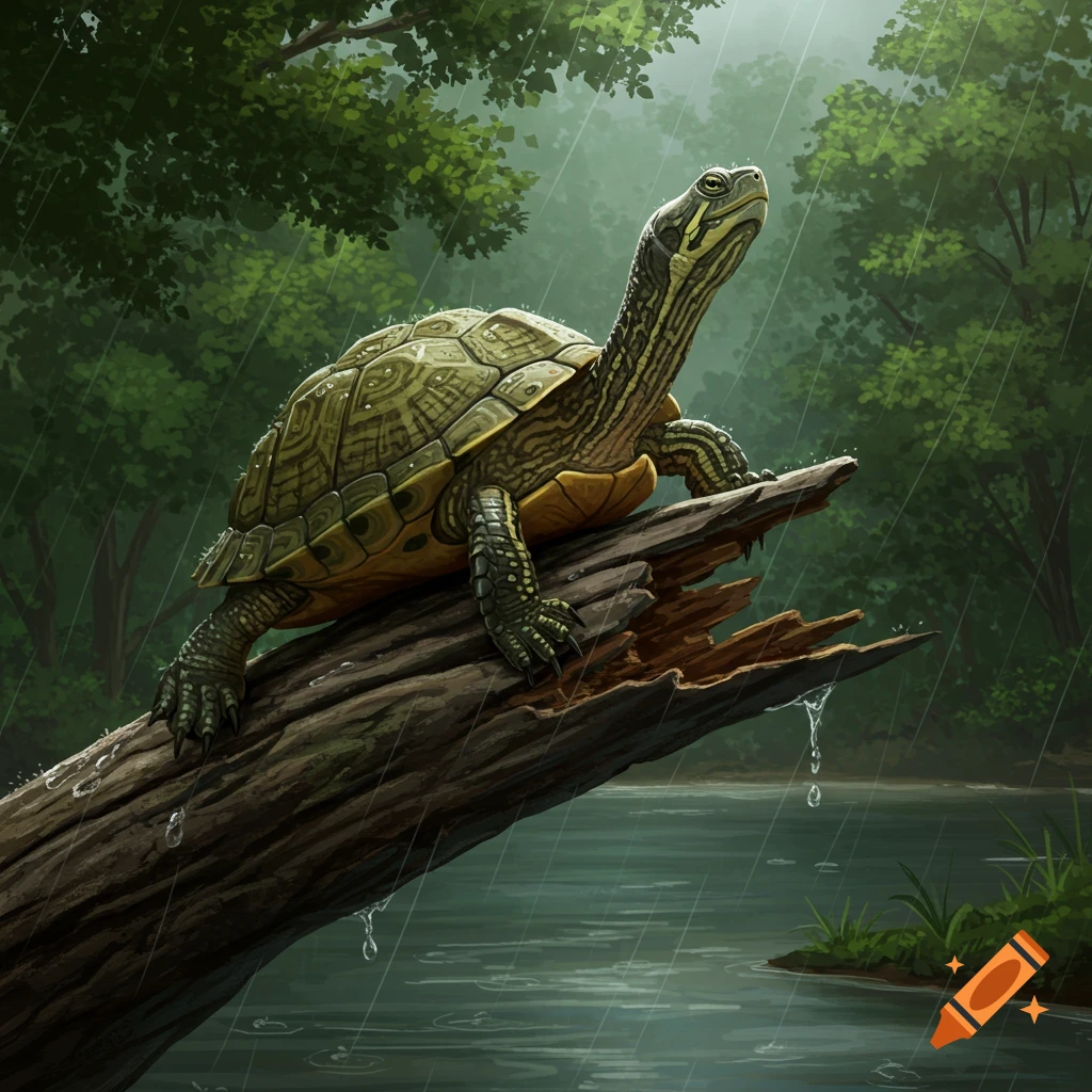 A turtle with a long neck sits on a broken log over a creek in a rainy forest, looking upwards.