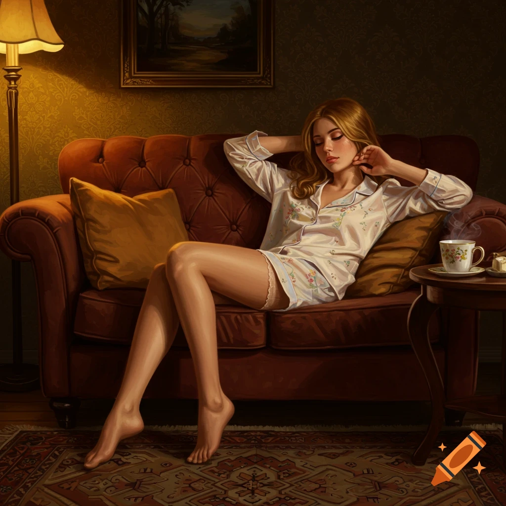 A woman with long blonde hair relaxes on a brown couch in pajamas, hands behind her head, in a dimly lit room.