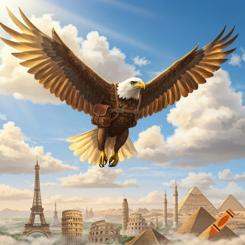 A majestic eagle wearing a backpack soars above famous global landmarks, including the Eiffel Tower, Colosseum, and Pyramids.