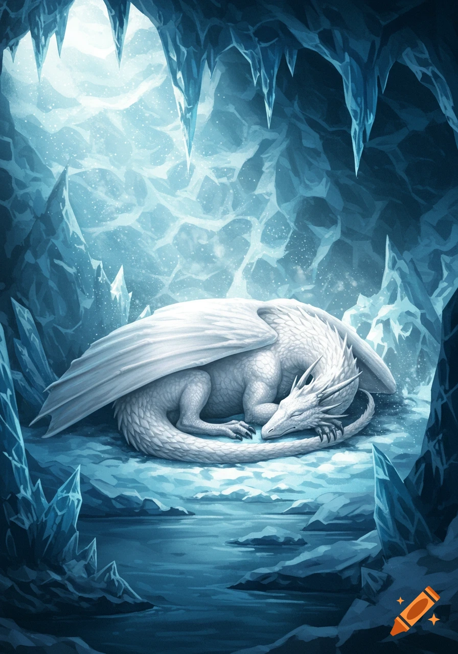 A white dragon sleeps curled up in a blue ice cave with large icicles hanging from the ceiling.