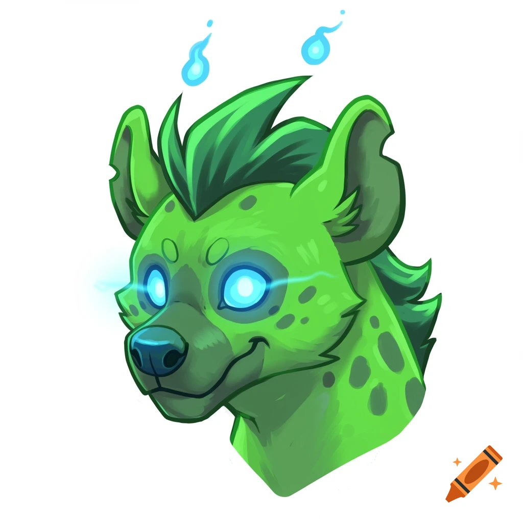 A stylized green, hyena-like creature with glowing blue eyes and blue flames above its head, against a white background.