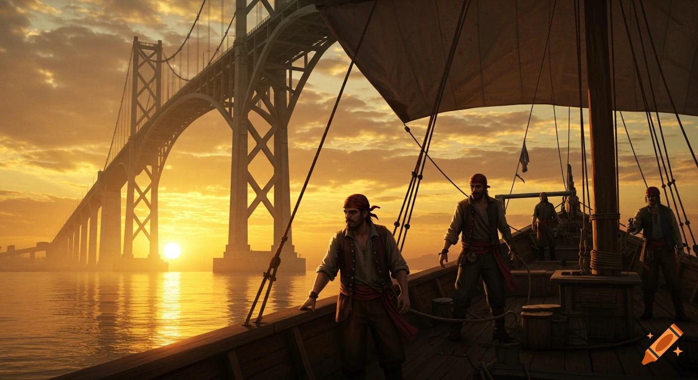 Pirates on a ship sailing past a large bridge at sunset, with golden light reflecting on the water.