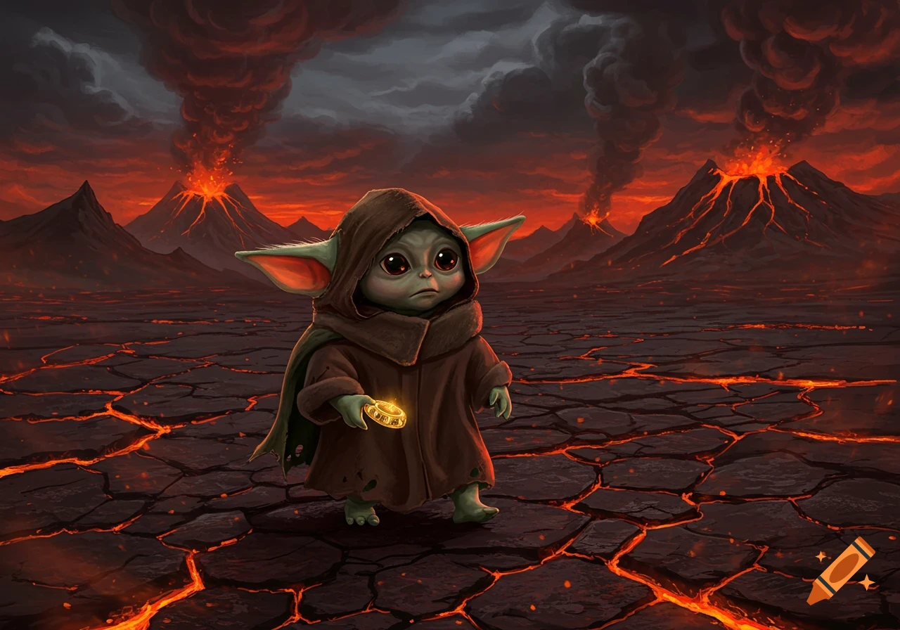Baby Grogu, cloaked in brown, walks across a volcanic landscape with cracking lava, holding a glowing golden ring, under a fiery red sky.