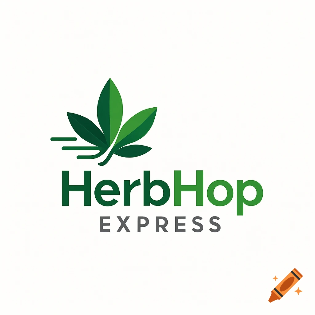 Logo for HerbHop Express featuring a green stylized cannabis leaf with speed lines.