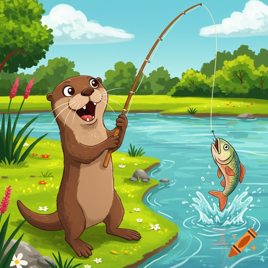 A happy cartoon otter stands on a green bank, holding a fishing pole as a fish leaps from the water.