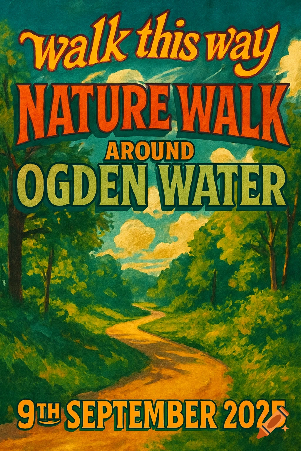 A vintage-style poster for a nature walk, featuring a winding path through a lush green forest under a cloudy sky with event text.