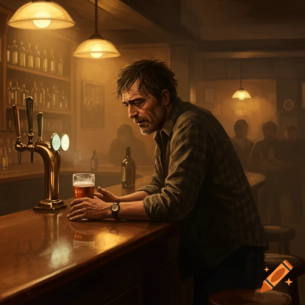 A man with a beard and plaid shirt leans on a bar, holding a beer in a dimly lit, atmospheric bar.
