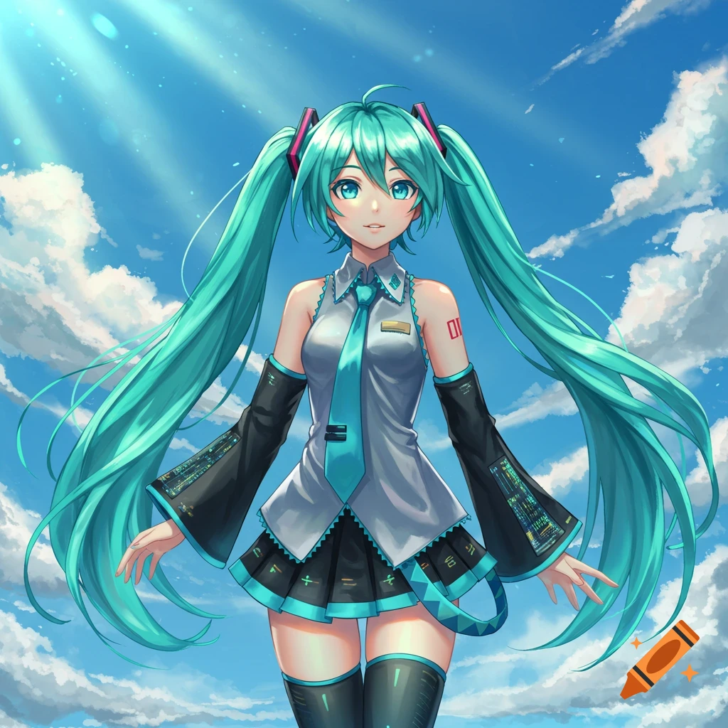 Hatsune Miku with long teal pigtails, wearing a grey and black outfit, stands against a bright blue sky with clouds.
