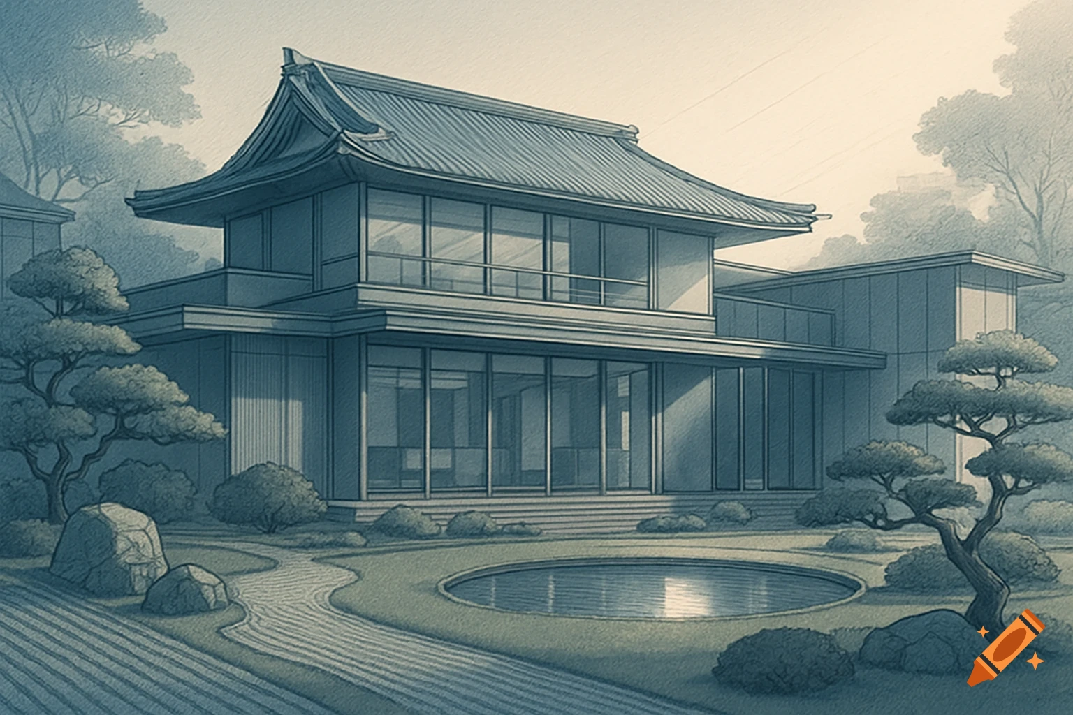 Blueprint sketch of a modern Japanese house with a traditional roof, set in a garden with a pond and trees.