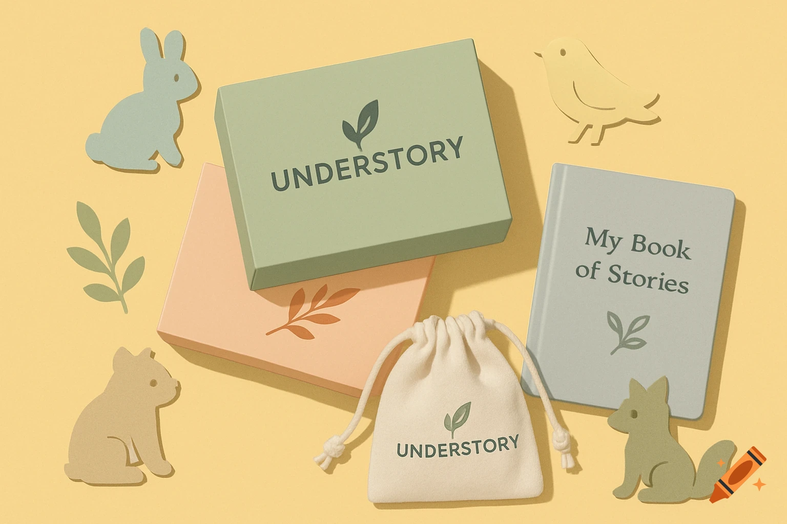 A minimalist flat lay with pastel green and peach boxes, a book titled 'My Book of Stories', and a canvas bag on a yellow background, surrounded by pastel animal cutouts.
