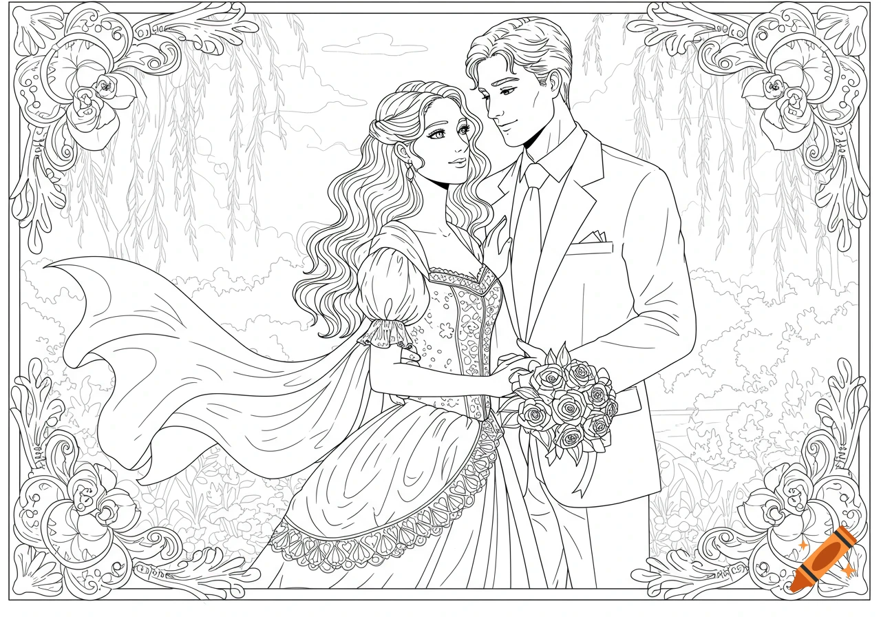 Line art coloring page of a romantic couple embracing in a garden, with ornate decorative borders.