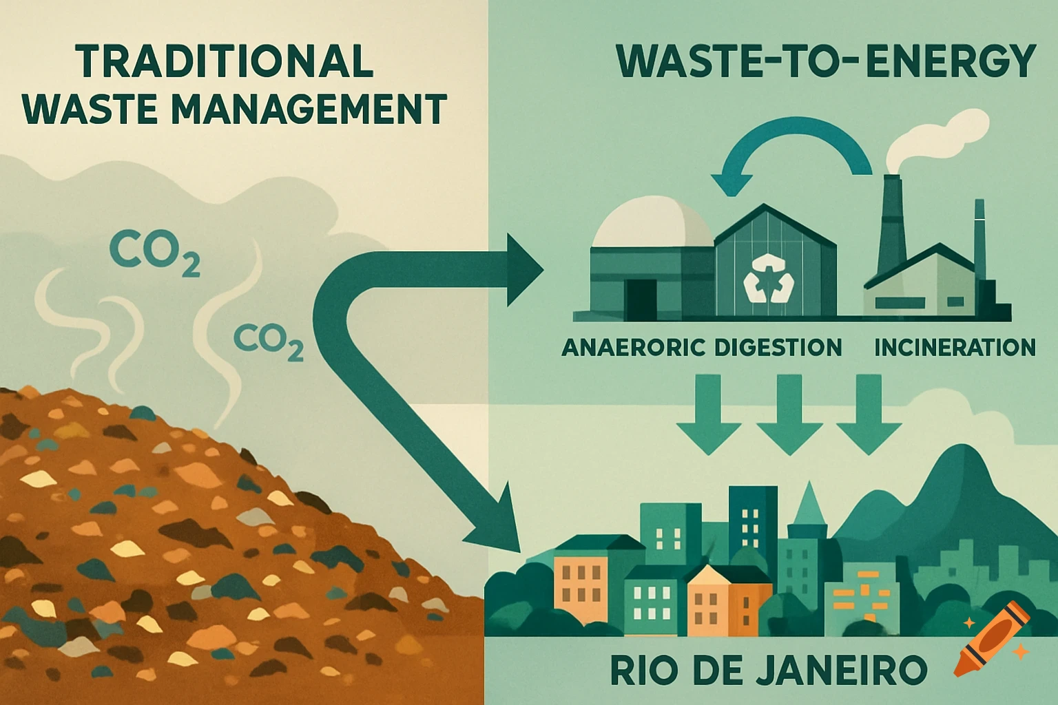 Infographic on waste management: landfill with CO2 on left, waste-to-energy systems (anaerobic digestion, incineration) in Rio de Janeiro on right.