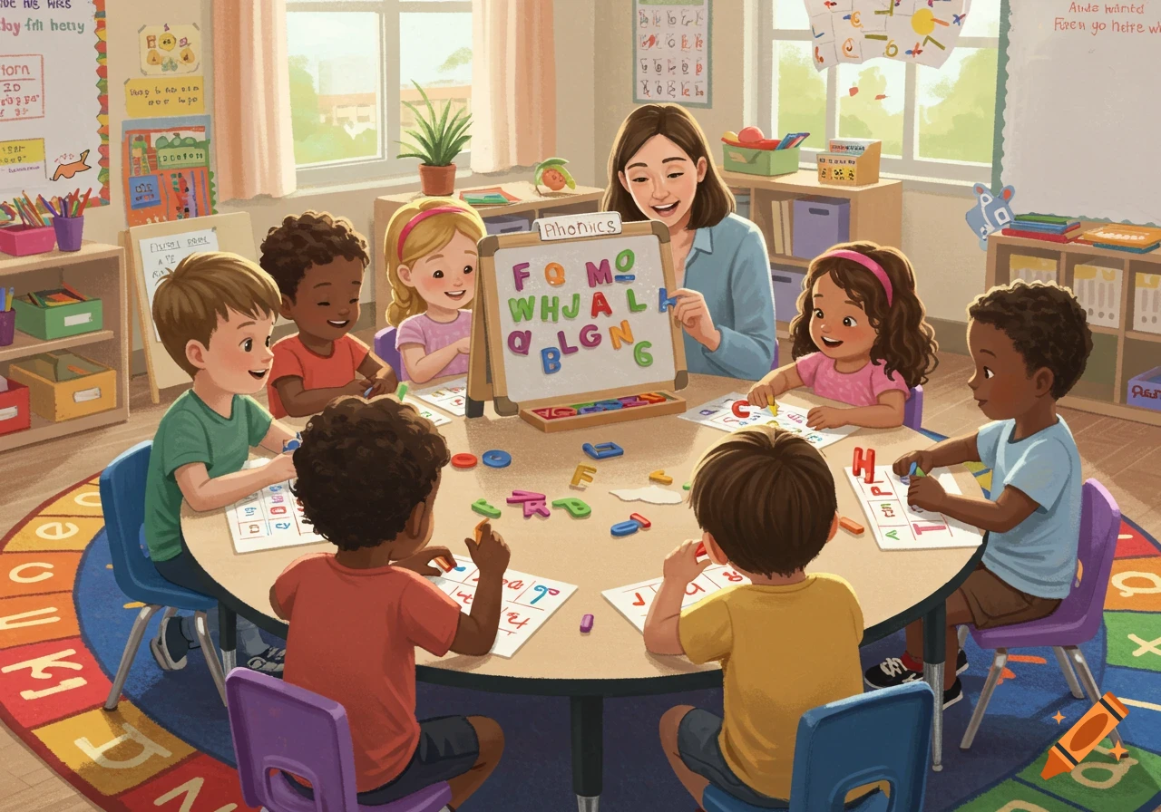 A teacher smiles while instructing a diverse group of kindergarten students around a large table, showing them magnetic letters on a whiteboard in a bright classroom setting.