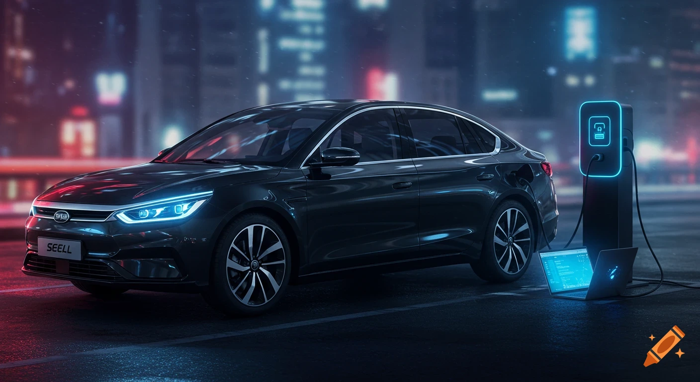 Photorealistic image of a black electric car charging at a station at night in a city, with a glowing laptop on the ground.