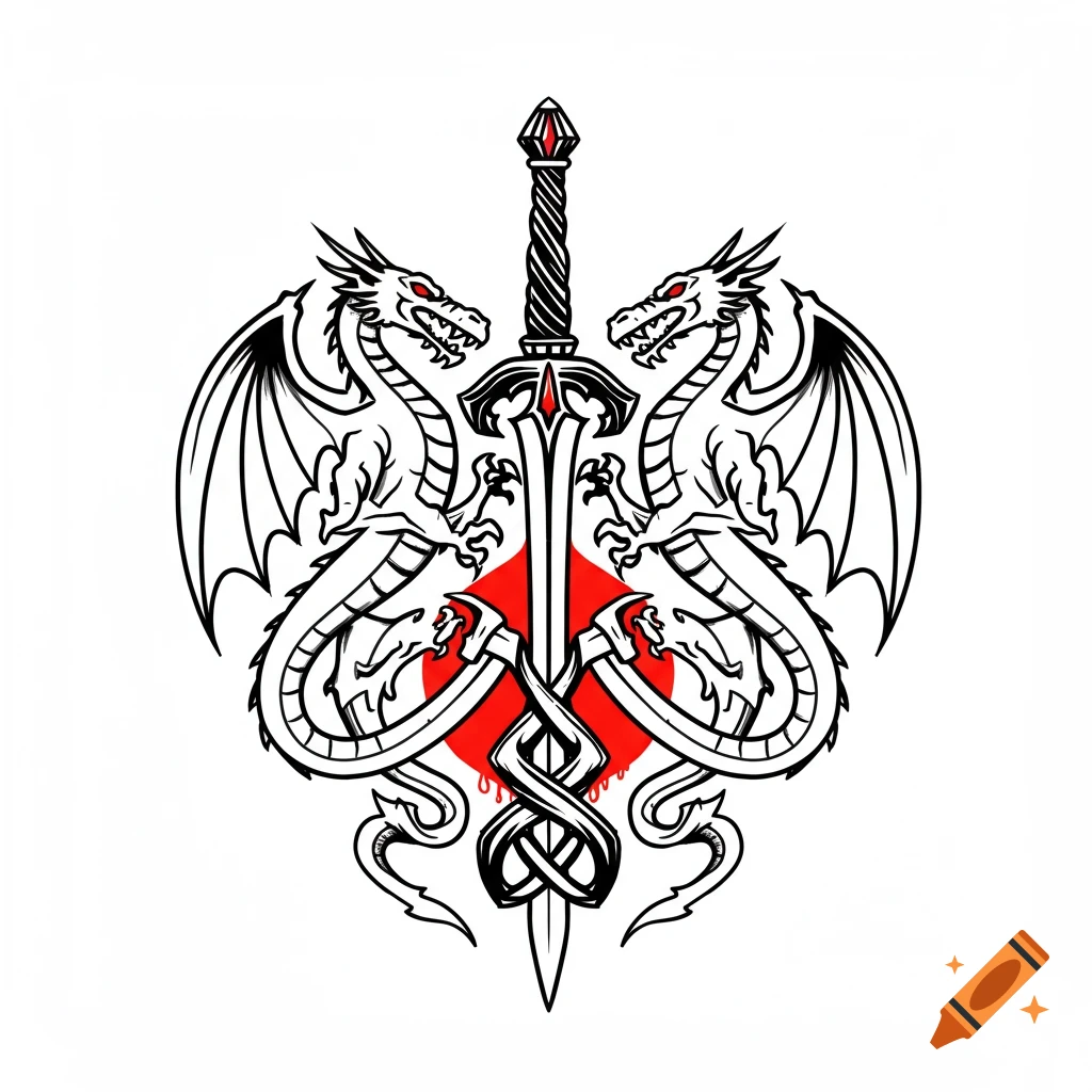 Clean black line art of two dragons symmetrically flanking a sword with a red circle background.