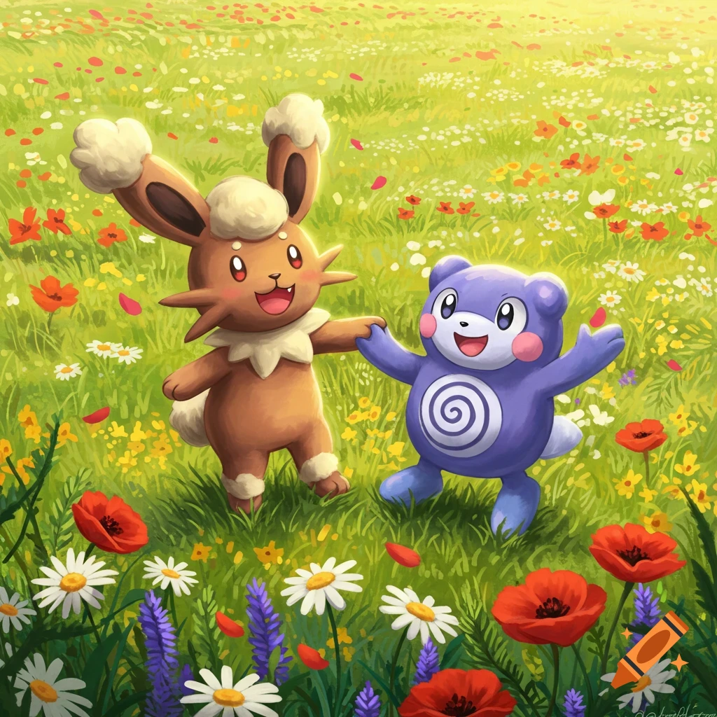 Buneary and Poliwhirl holding hands in a vibrant field of colorful wildflowers, digital illustration style.