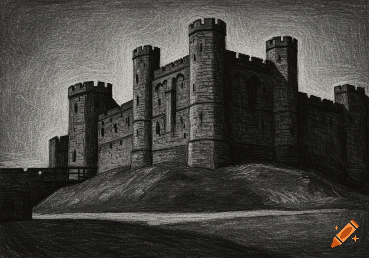 A monochromatic graphite stick drawing of a medieval castle on a hill with a bridge over water.
