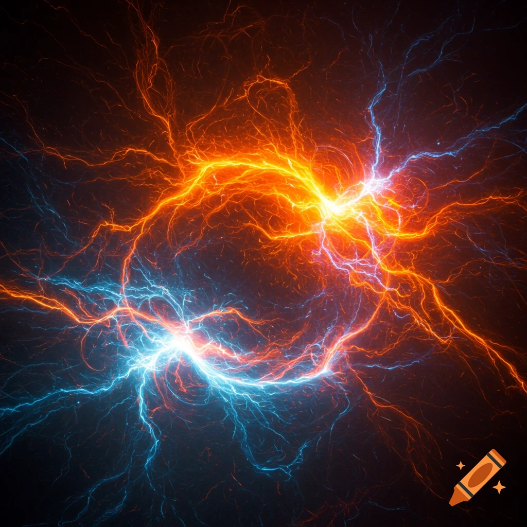 Abstract pattern of bright orange and blue lightning or energy against a dark background.
