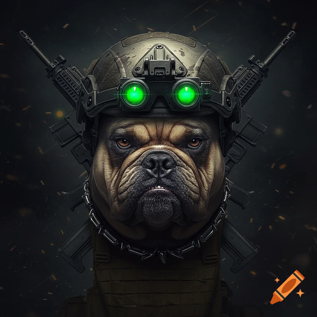 A photorealistic bulldog wearing a tactical helmet with glowing green night vision goggles, against a dark background with two crossed M4 rifles.