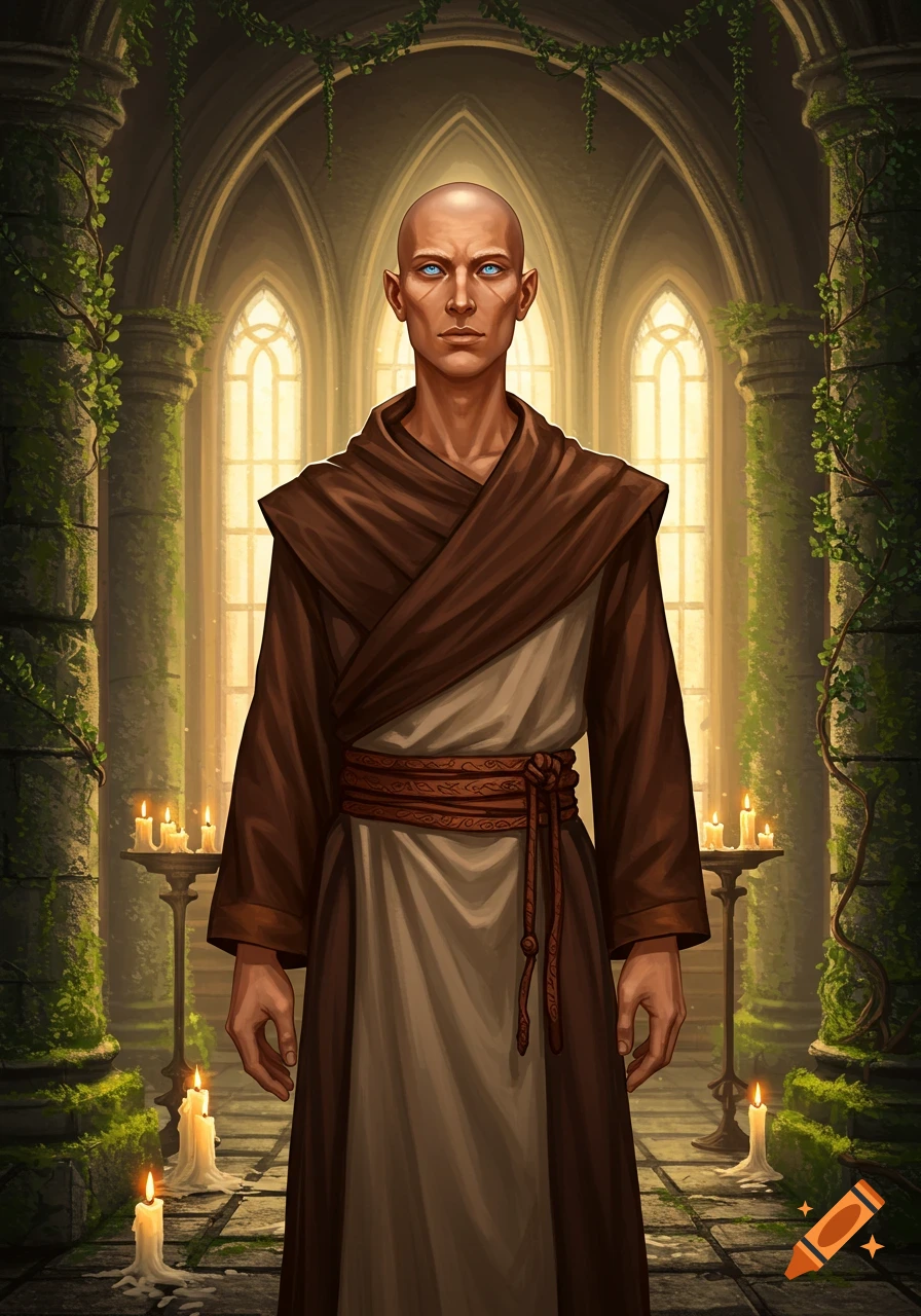A bald male fantasy monk with blue eyes stands in a vine-covered gothic church illuminated by candles.