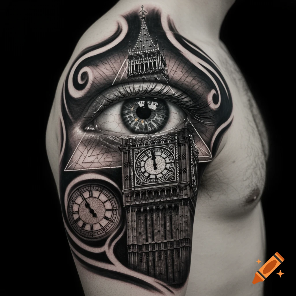 Photorealistic tattoo on a shoulder featuring an all-seeing eye, Big Ben, and clock faces.