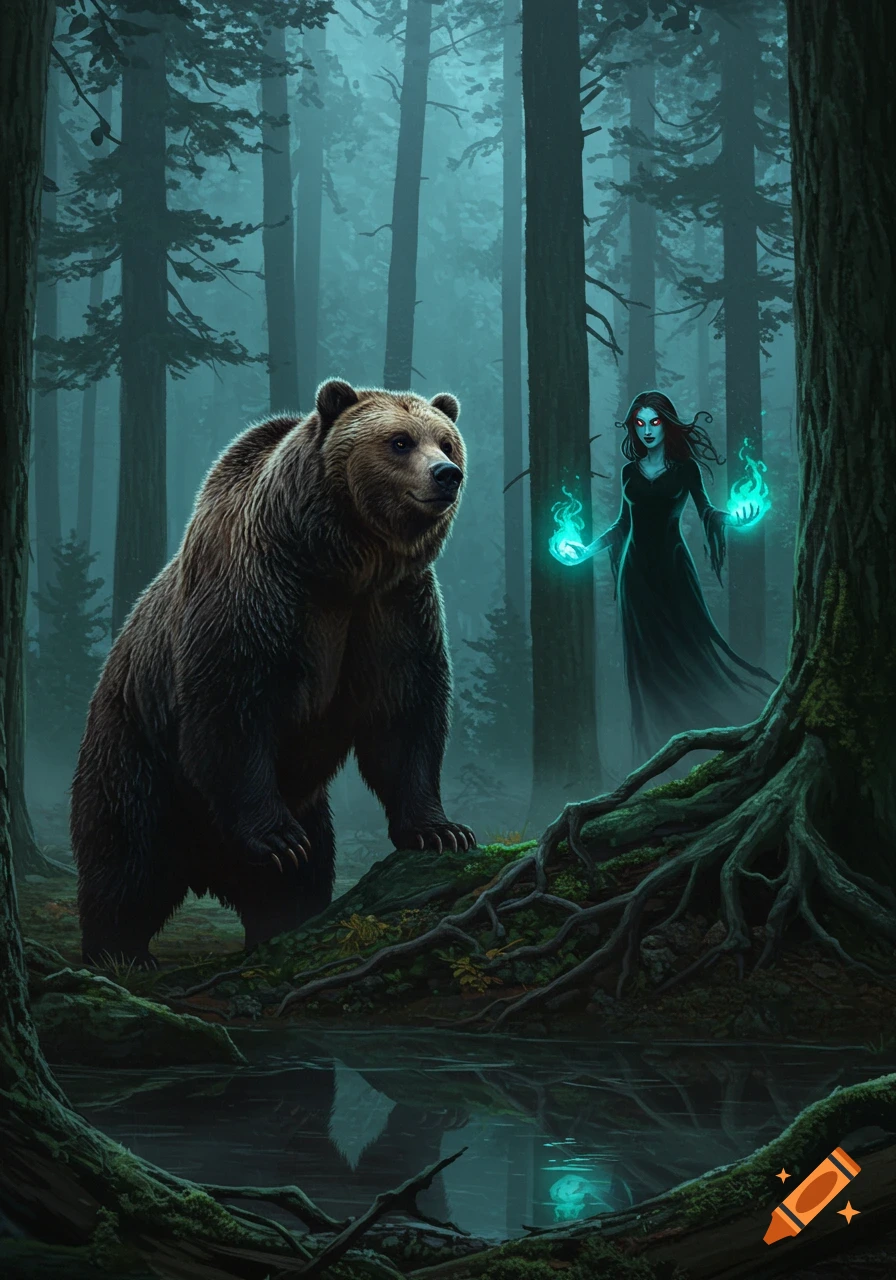 A grizzly bear stands by a witch conjuring blue flames in a dark, misty forest, reflected in a pool of water.