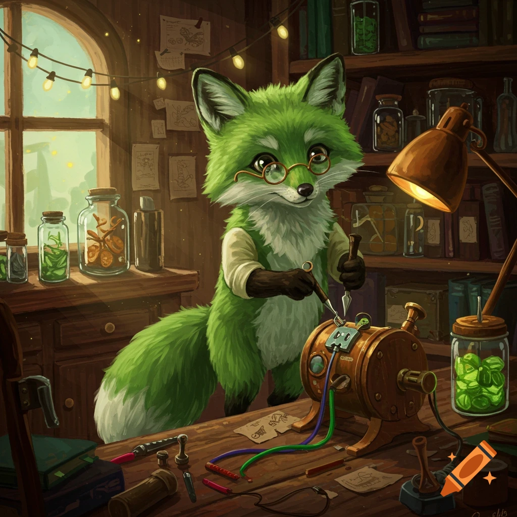 A cute green fox with glasses works on a steampunk-like device in a cozy, cluttered workshop.