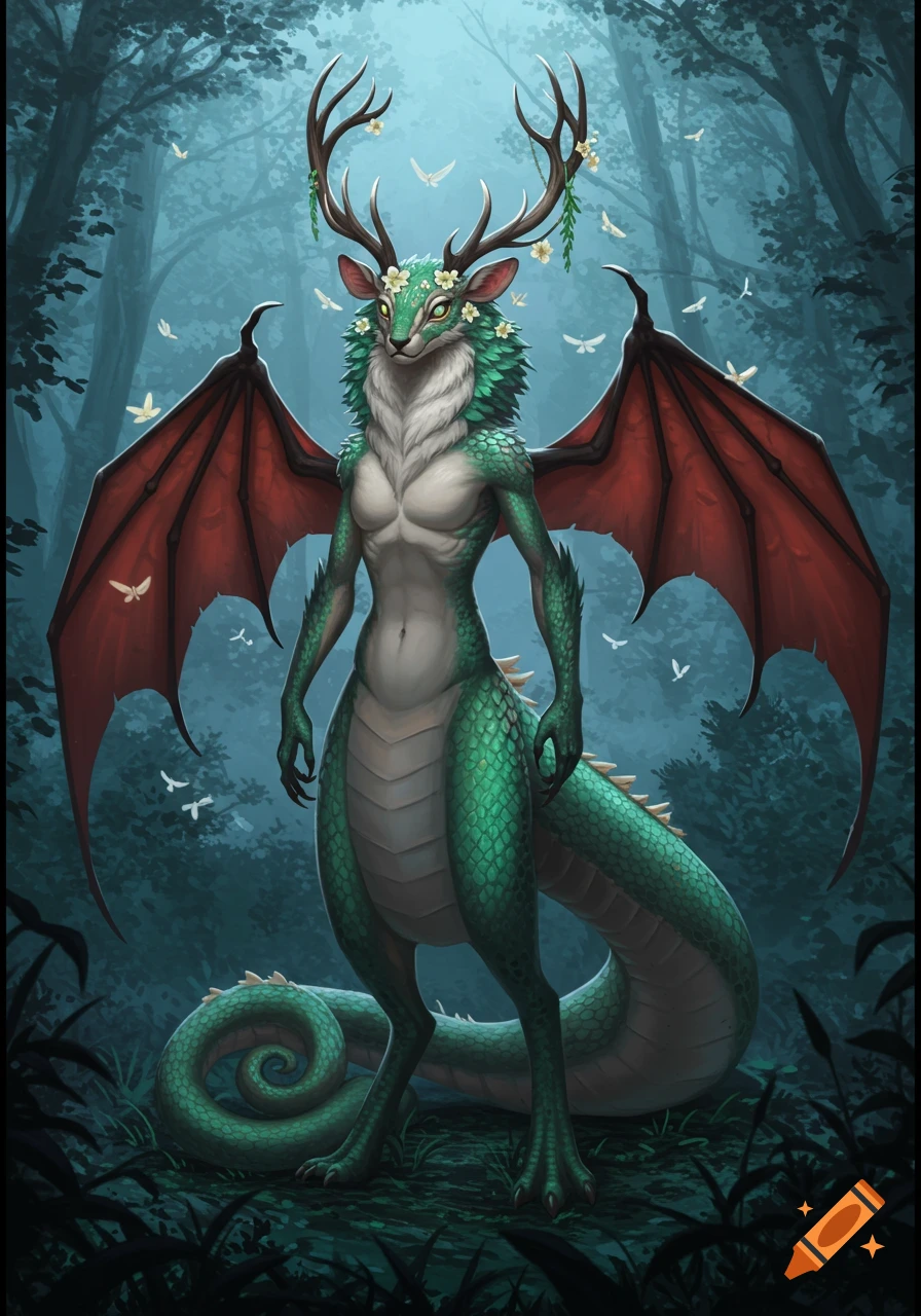 A fantasy anthropomorphic green creature with deer antlers, red bat wings, and a scaled body stands in a misty forest.