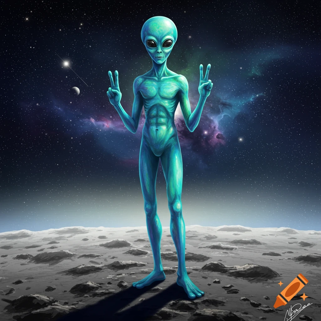 A light blue alien stands on a moon surface, making peace signs with both hands, against a cosmic background.
