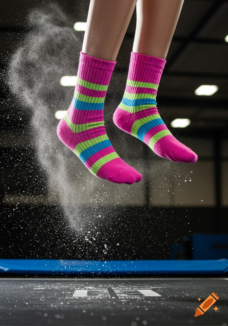 A person's feet, wearing vibrant pink, green, and blue striped socks, are captured mid-air above a dark trampoline, with white powder particles suspended around them.