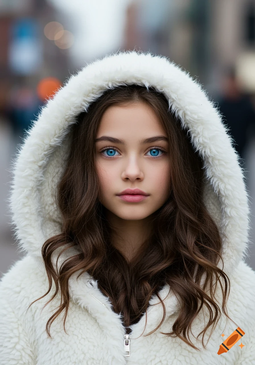 A young girl with long brown wavy hair and striking blue eyes looks directly ahead, wearing a white fuzzy hooded coat.