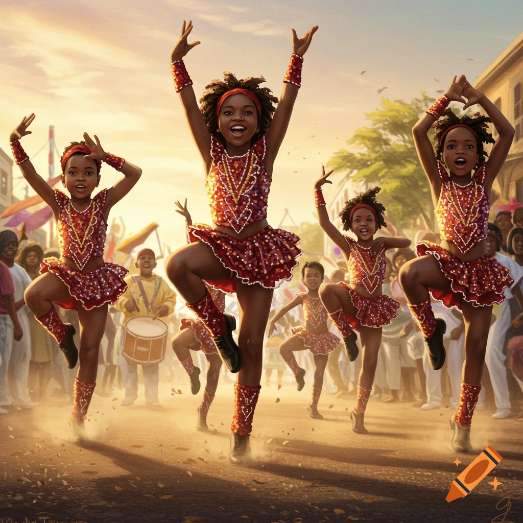 Young Black girls in red majorette costumes dancing during a sunny parade with a crowd and drummer in the background.