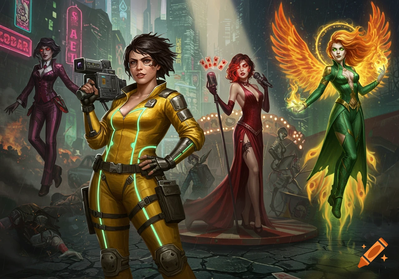 Four distinct female characters in a vibrant cyberpunk city. A woman in a yellow tech suit with a camera stands prominently. Behind her, a singer in a red gown with a microphone, and a green-clad woman with fiery wings.