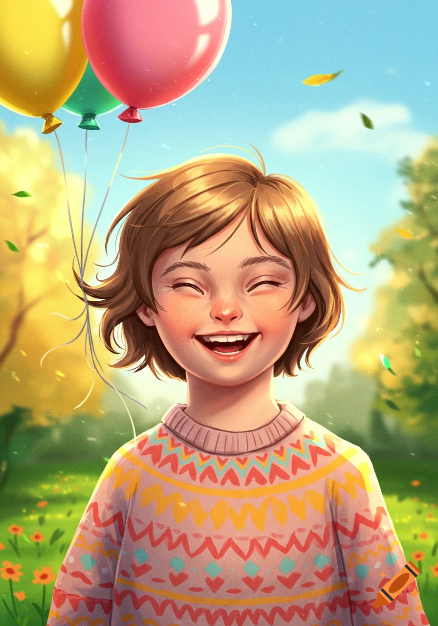 A joyful child laughs with eyes closed, holding yellow, green, and pink balloons in a sunny outdoor setting. Stylized illustration.