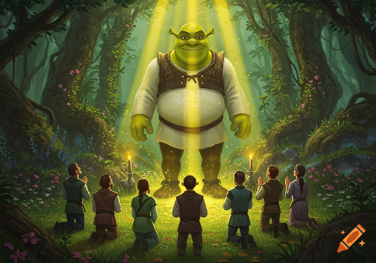 People kneel in a mystical forest, looking up at a towering, glowing Shrek who stands bathed in a golden light from above.