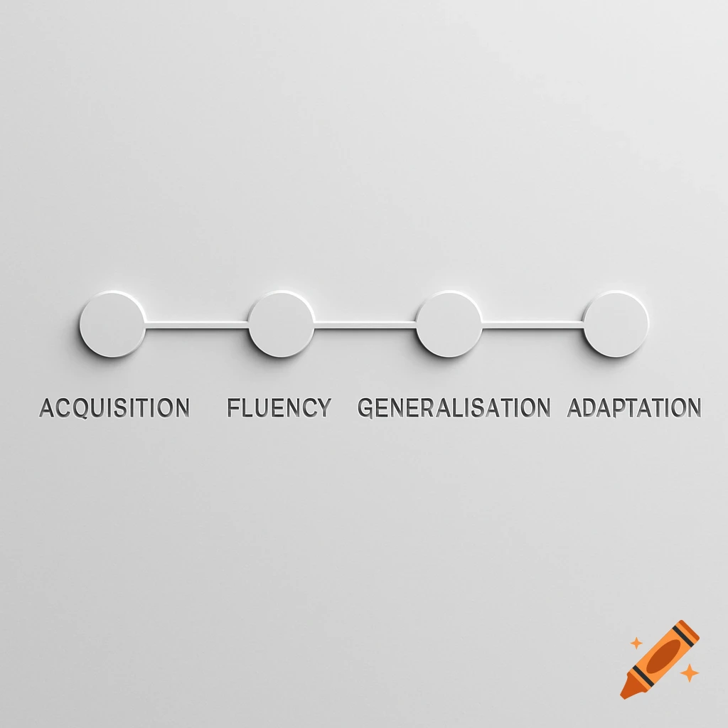 A grey linear flowchart with four stages: acquisition, fluency, generalisation, and adaptation, rendered in a minimalist 3D style.