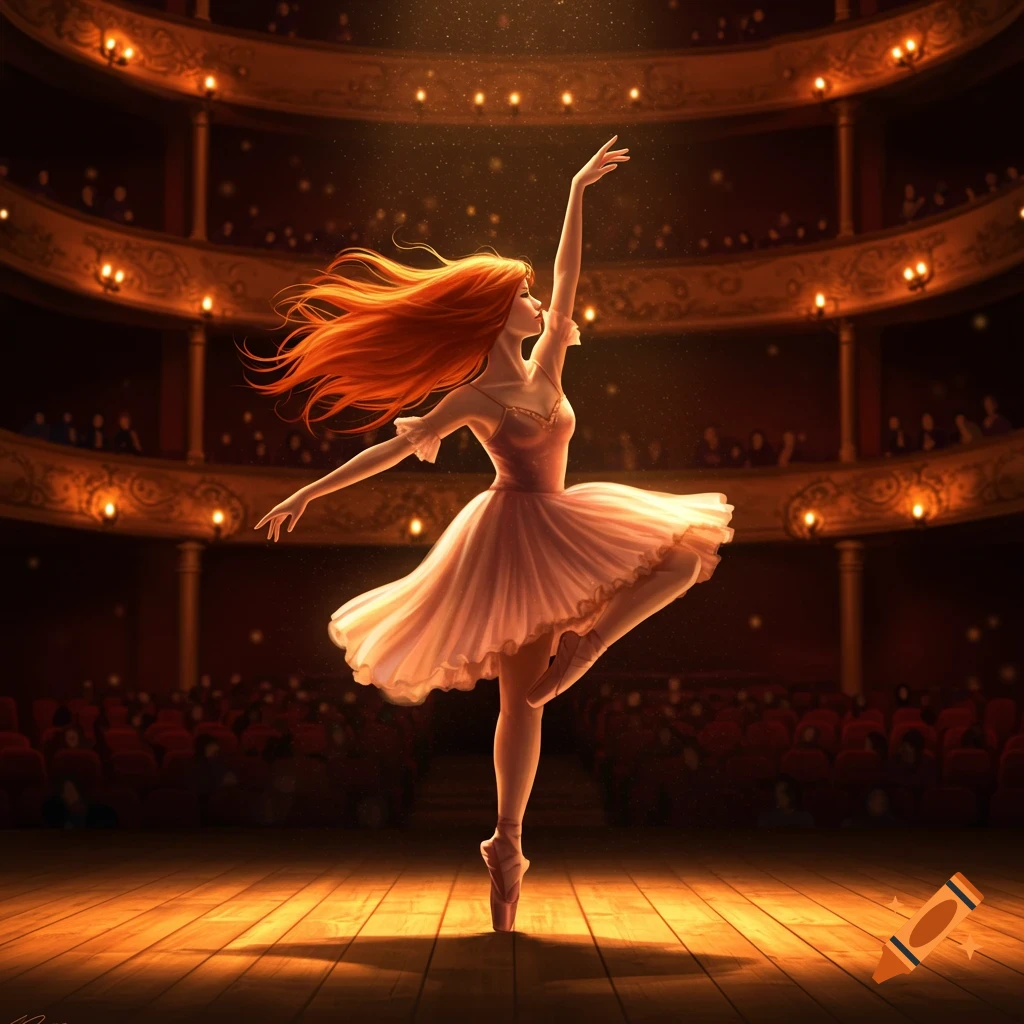 A red-haired ballerina in a light pink tutu gracefully dances on a spotlighted wooden stage in a grand theatre with an audience.