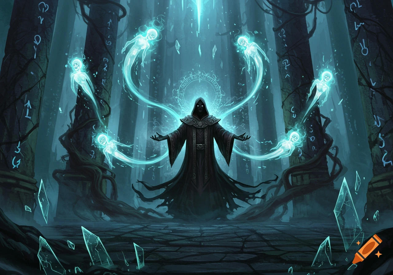 A shadowy sorcerer in black robes, with glowing eyes, conjures luminous ghost-like spirits within an ancient, rune-carved ruin, emanating a powerful aqua aura.