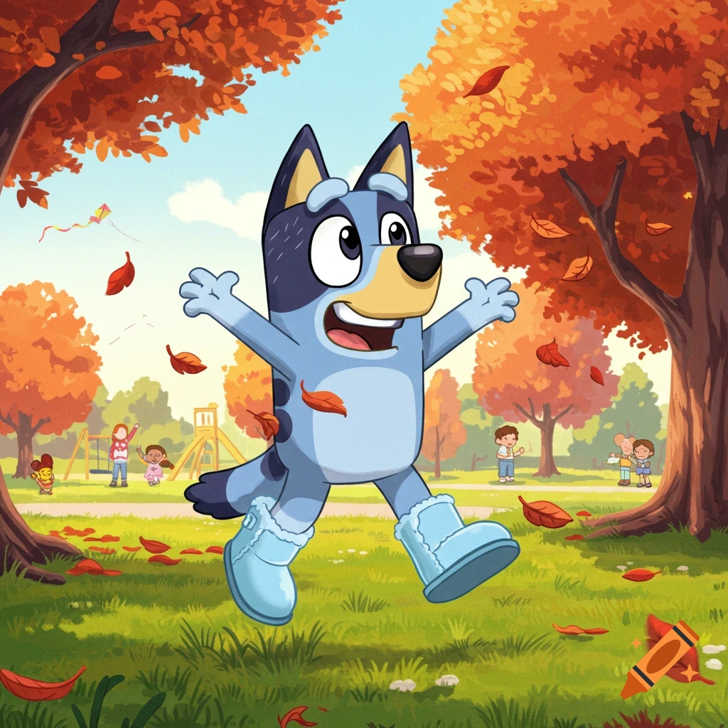 Bluey the blue dog character playing in a park during autumn, with orange leaves falling around him.