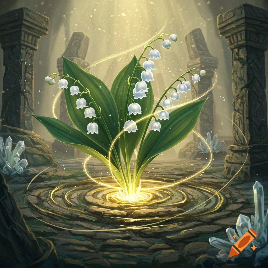 Illustrative fantasy scene of glowing lily of the valley flowers amidst ancient ruins and crystals, with golden energy ripples.