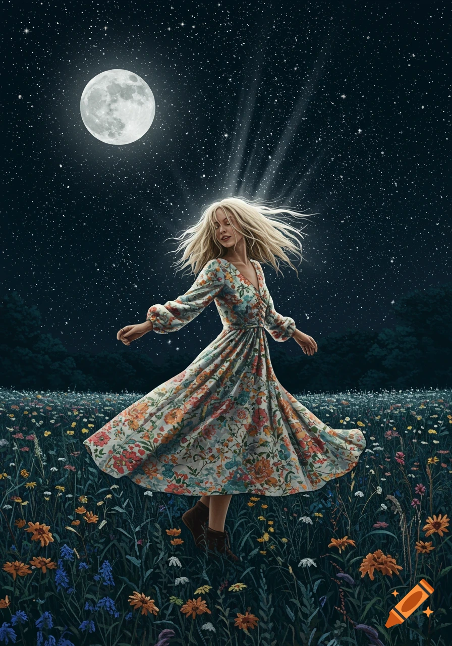 A woman in a flowing floral dress dances in a field of flowers under a starry night sky with a bright full moon.