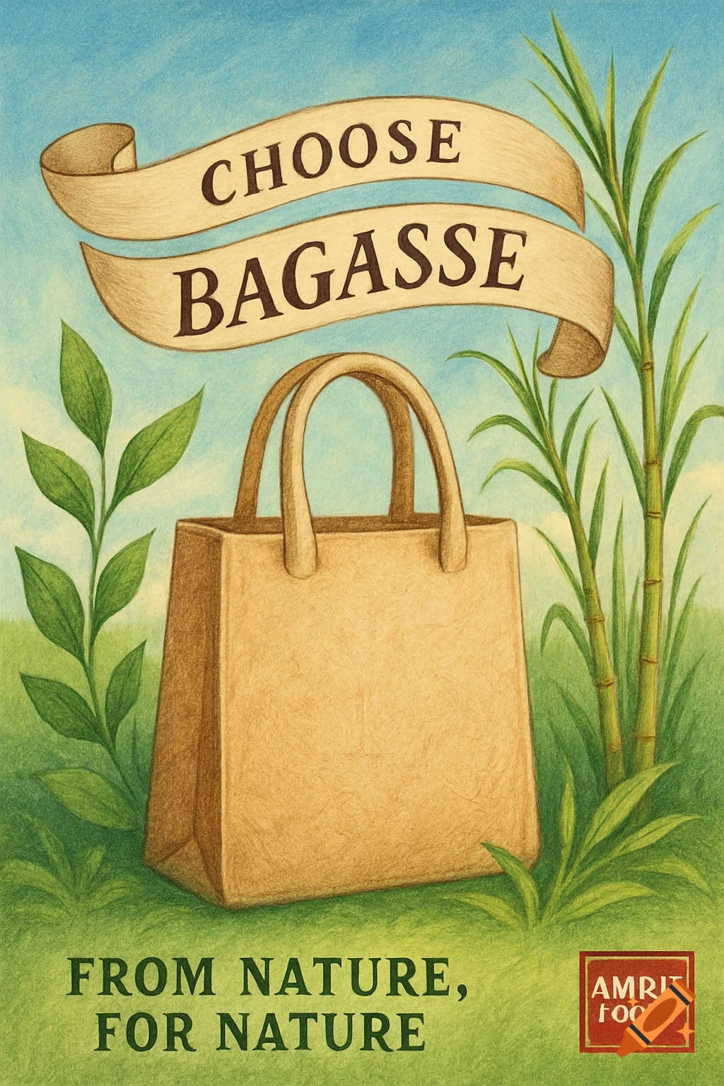 An eco-friendly ad with an illustrated brown bag, sugarcane, and text "CHOOSE BAGASSE, FROM NATURE, FOR NATURE".