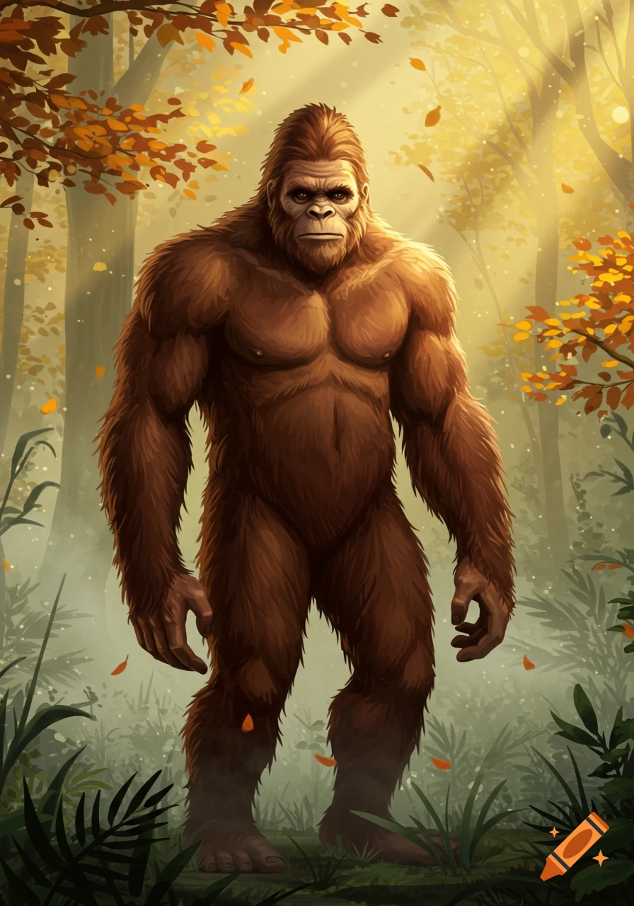 A large, muscular brown Bigfoot stands amidst sunlit autumn trees with fallen leaves.