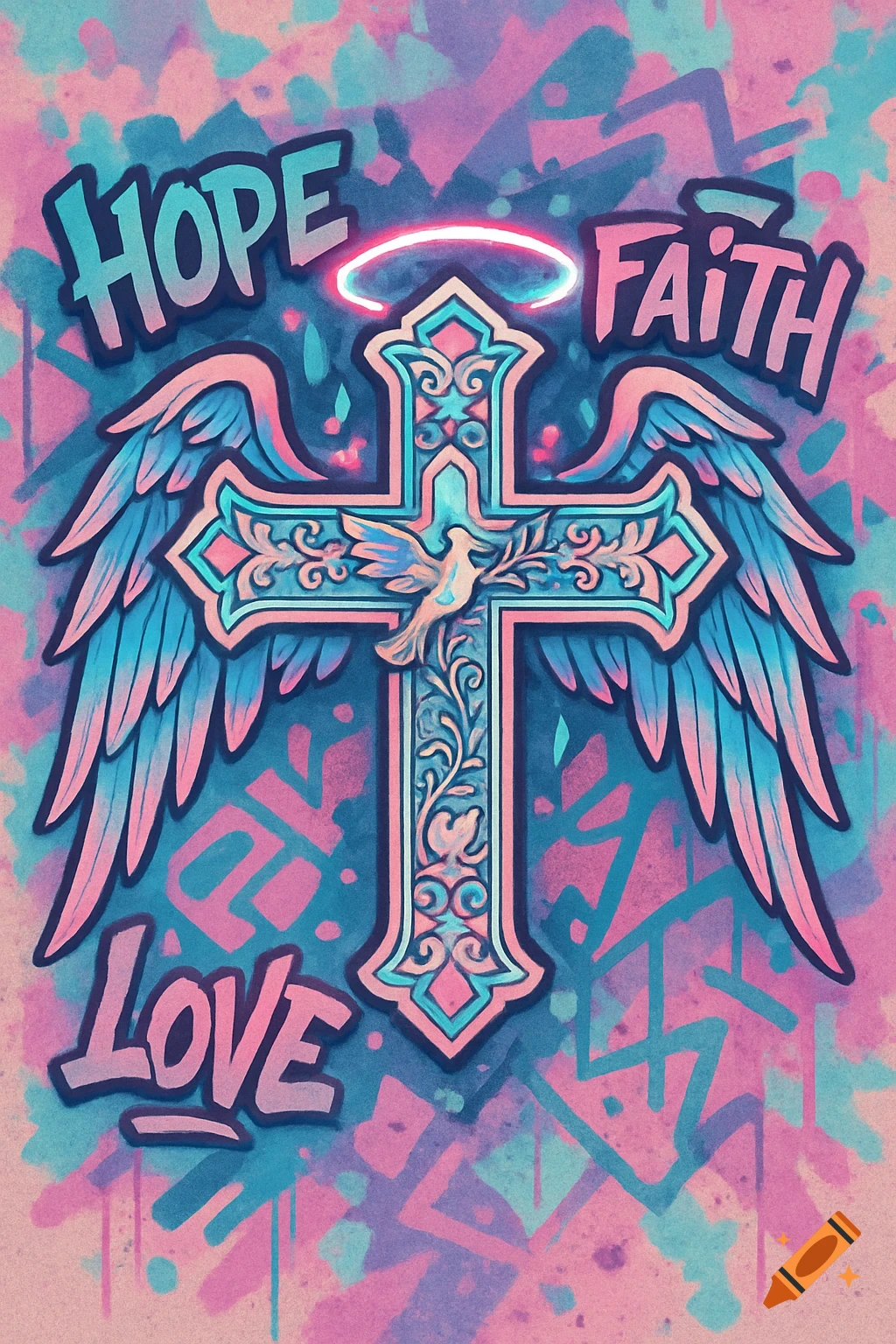 A vibrant street art style graphic design featuring a winged cross with a dove, surrounded by the words 'HOPE', 'FAITH', and 'LOVE'.