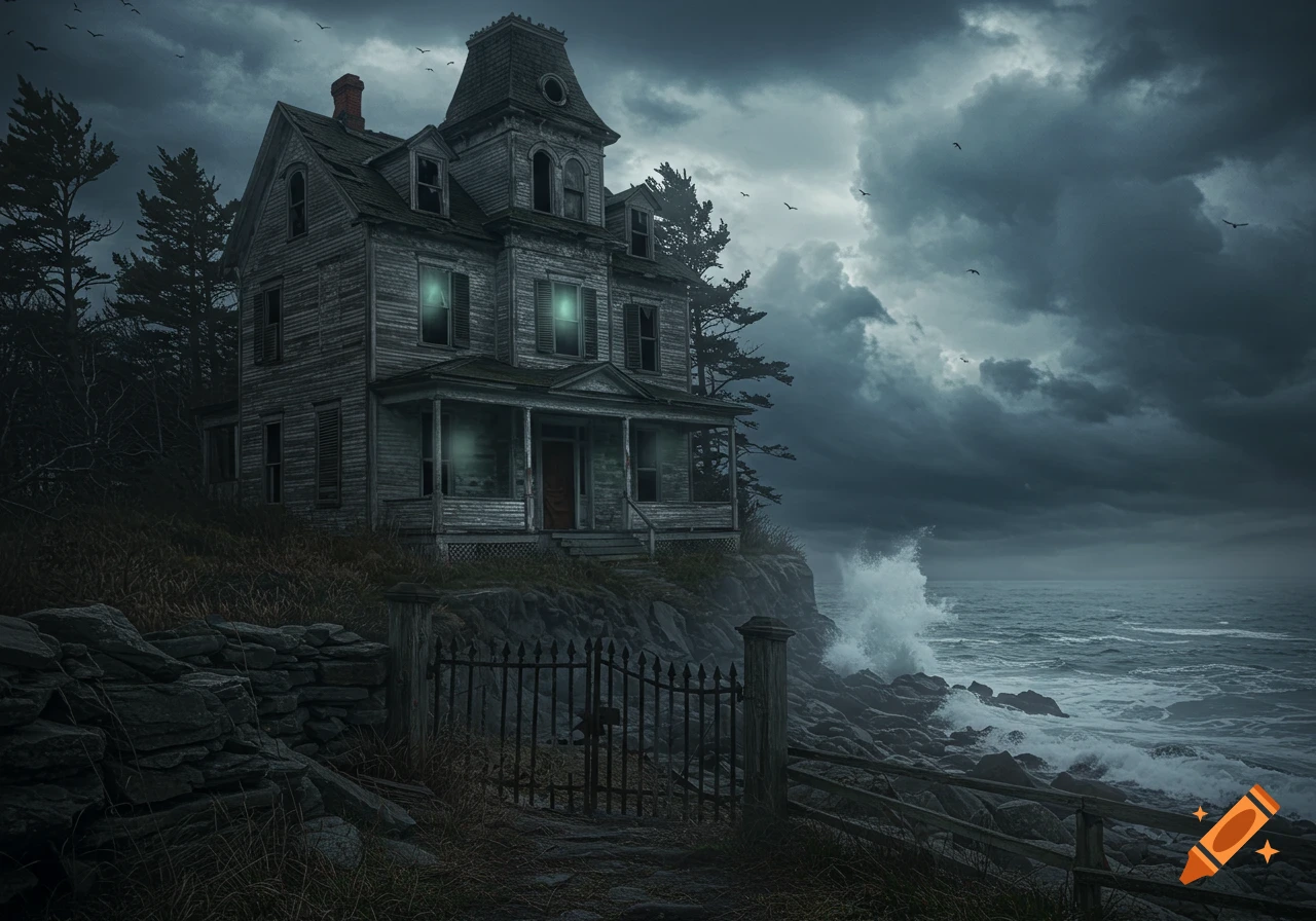 A spooky, abandoned Victorian house on a rocky cliff overlooking a stormy, dark ocean under a menacing sky with birds flying.