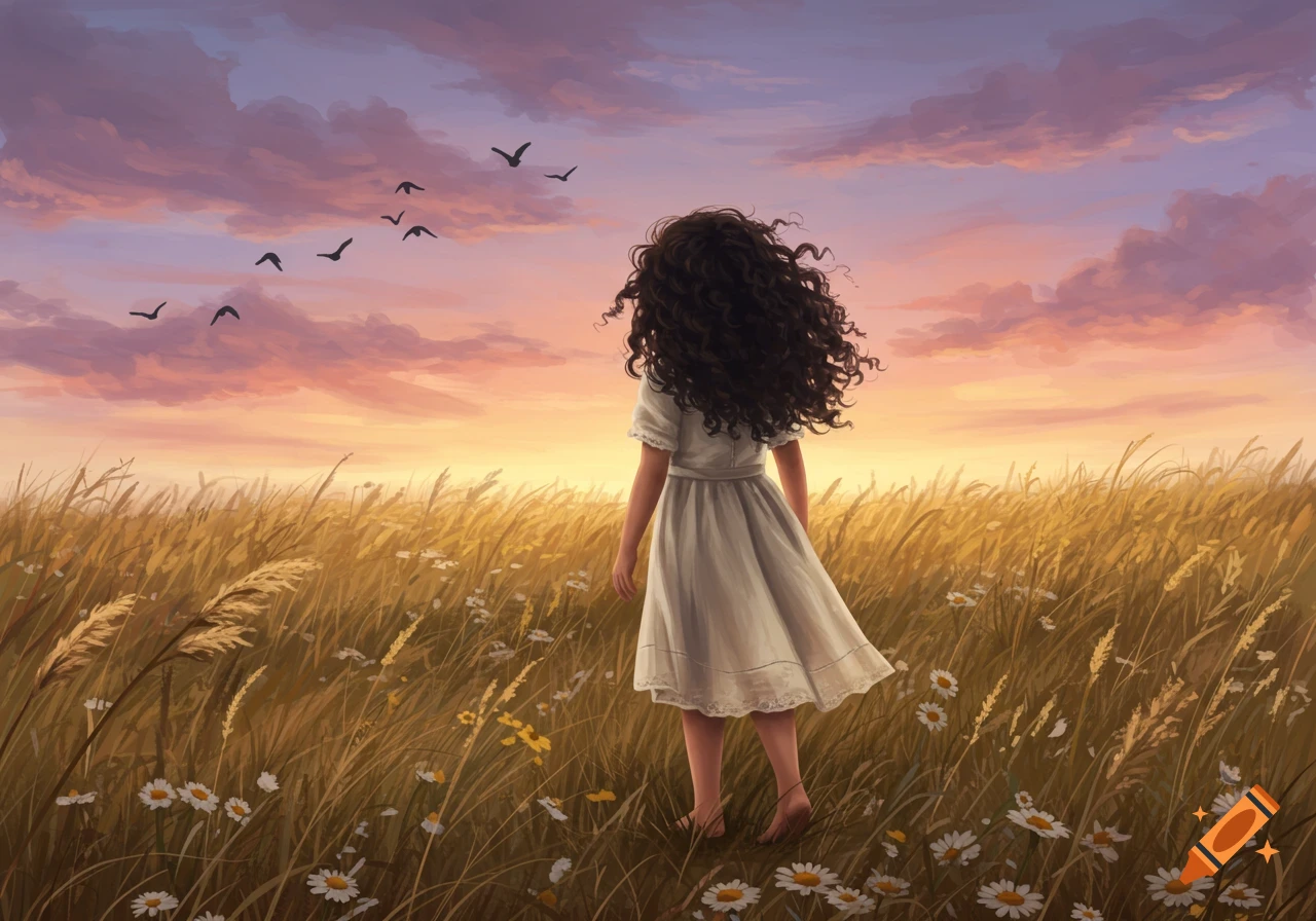 A young girl with long, curly hair stands in a golden field of tall grass and wildflowers, looking at a vibrant sunset sky with birds flying.
