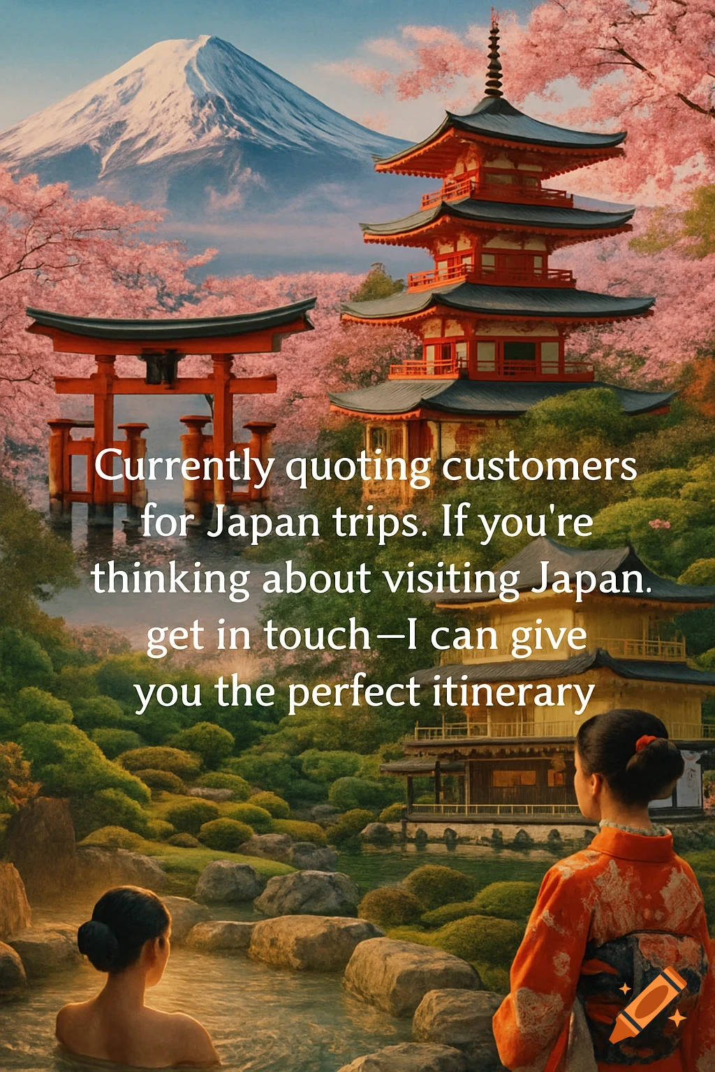 A scenic Japanese landscape with Mount Fuji, cherry blossoms, a pagoda, a torii gate, and two women in an onsen, with overlay text about Japan trips.